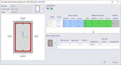 The additional reinforcement is set on 'FIX' and a specific amount of bars is set