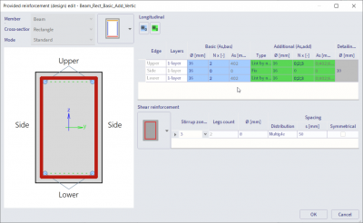 The additional reinforcement is set on 'List by...' and a variety amount of bars is set. 