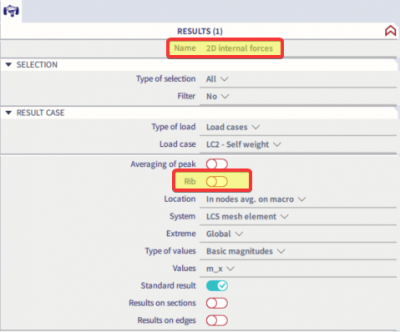 In the property window of the result dialog you can toggle the function Rib on and off