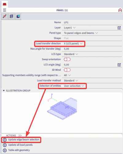 The load transfer direction and the elements on which the load should be distributed can be changed via the properties of the loadpanel.