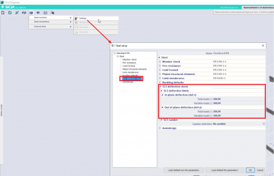 The deflection limits can be set for all members in the steel setup