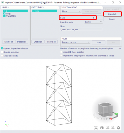 Import all will import all the selected layers into SCIA engineer as lines or elements, depending on your settings