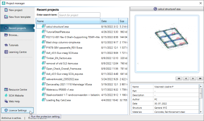 Project manager Licence Settings