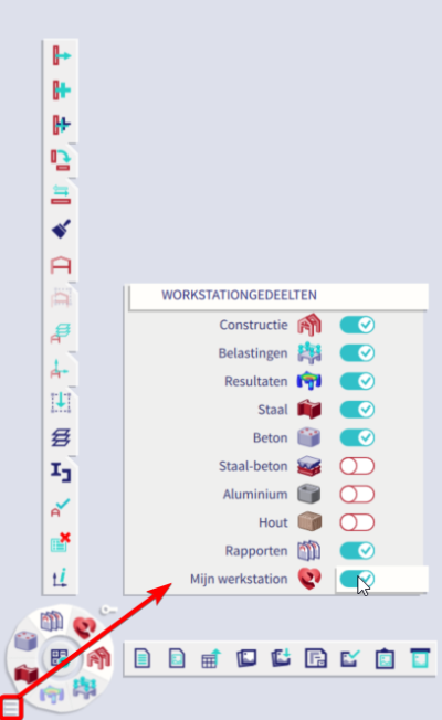 Werkstations kunnen zichtbaar of onzichtbaar gemaakt worden via het hamburgermenu