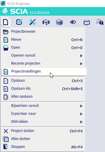 Open de projectinstellingen via Hoofdmenu > Bestand > Projectinstellingen