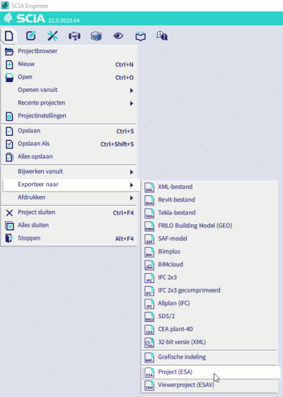 Exporteer naar een nieuw esa project