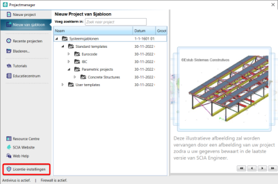 De licentie instellingen kunnen ook geopend worden via de project browser