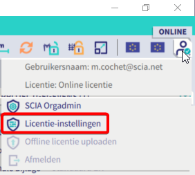 Je kan de licentie instellingen openen via het persoon icoon rechtsboven