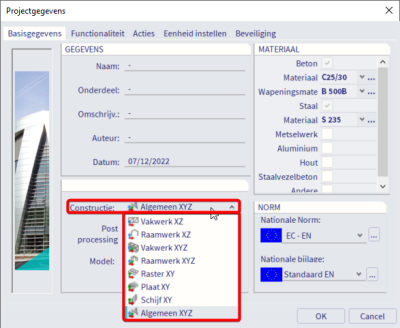 De constructie omgeving wordt aangepast in de projectgegevens.