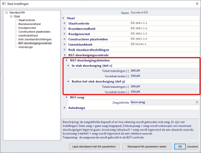 Via de algemene staalinstellingen kan je ook een doorbuigingslimiet opgeven