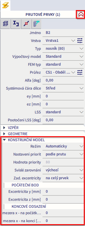 konstrukcni model panel vlastnosti