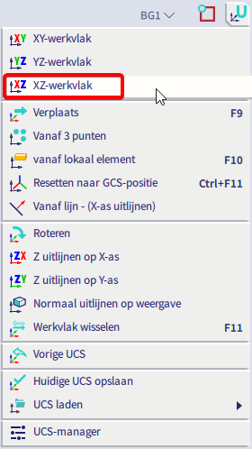 Het werkvlak wordt aangepast via het assenstelselmenu