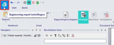 instellingen engineering rapport open je linksbovenaan