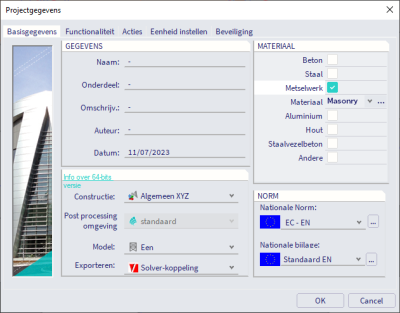 Stel het materiaal metselwerk in, in de projectgegevens