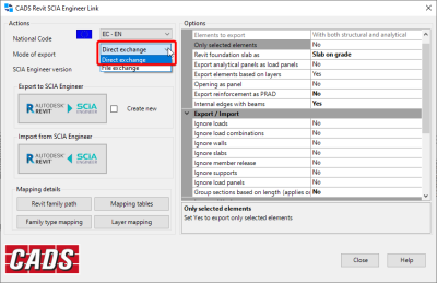 The direct exchange mode is selected for the mode of export