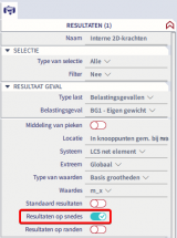 Om de resultaten op een 2D element weer te geven moet 'resultaten op snedes' aangevinkt worden.